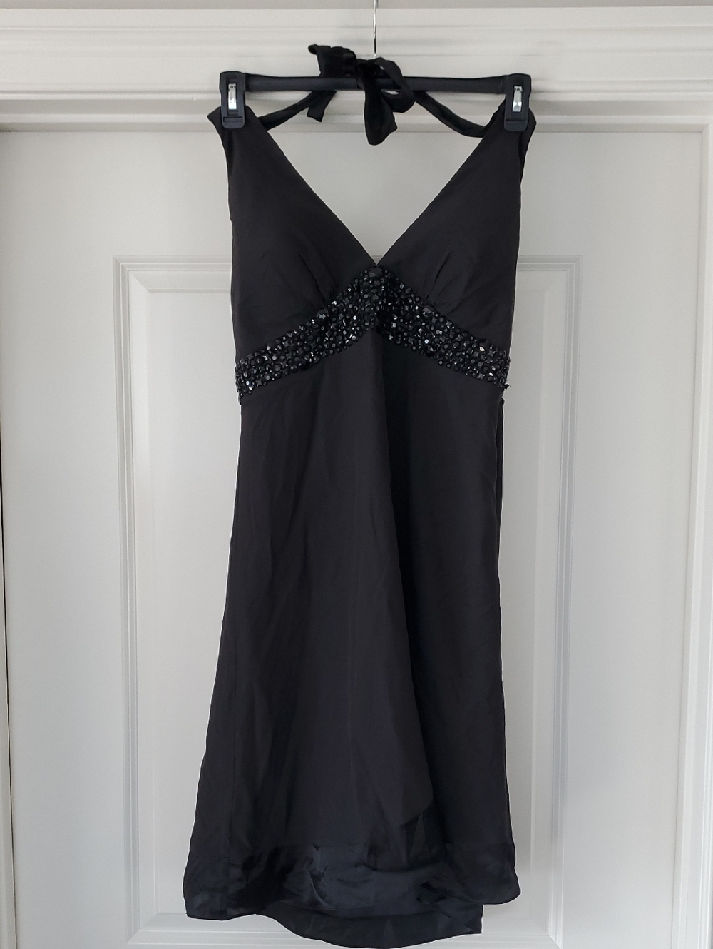 White House Black Market Black Backless Halter Dress with Beaded Waist